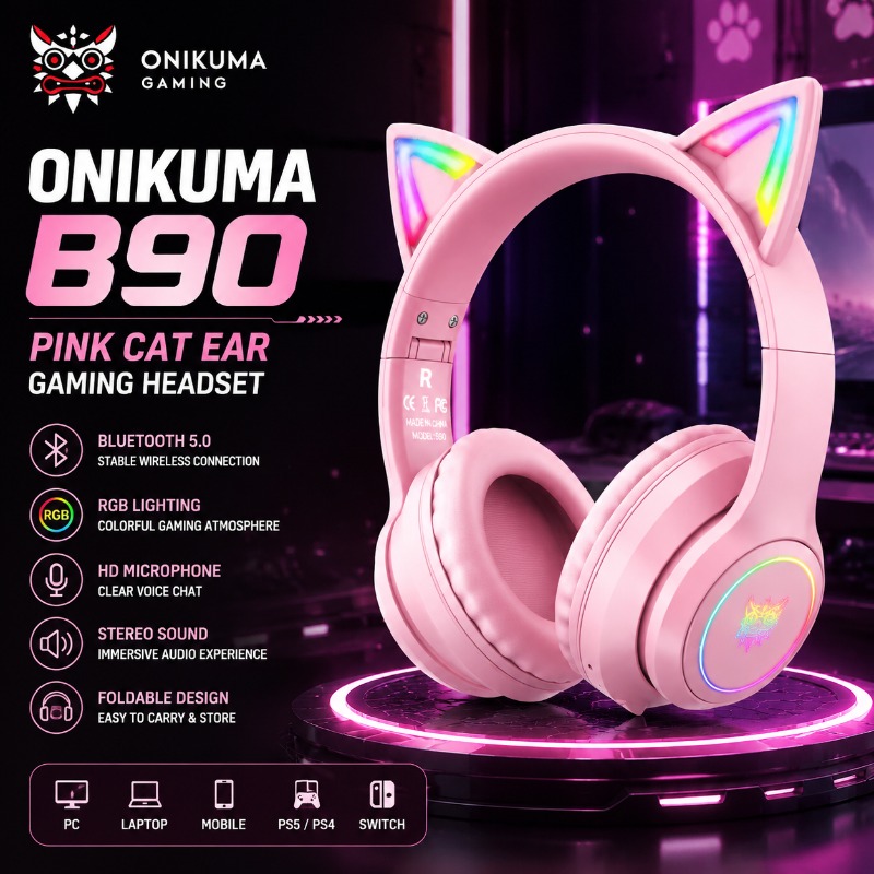 Onikuma B90 Pink Cat Ear Gamin - Gaming Headset With Mic Rgb recension och pris